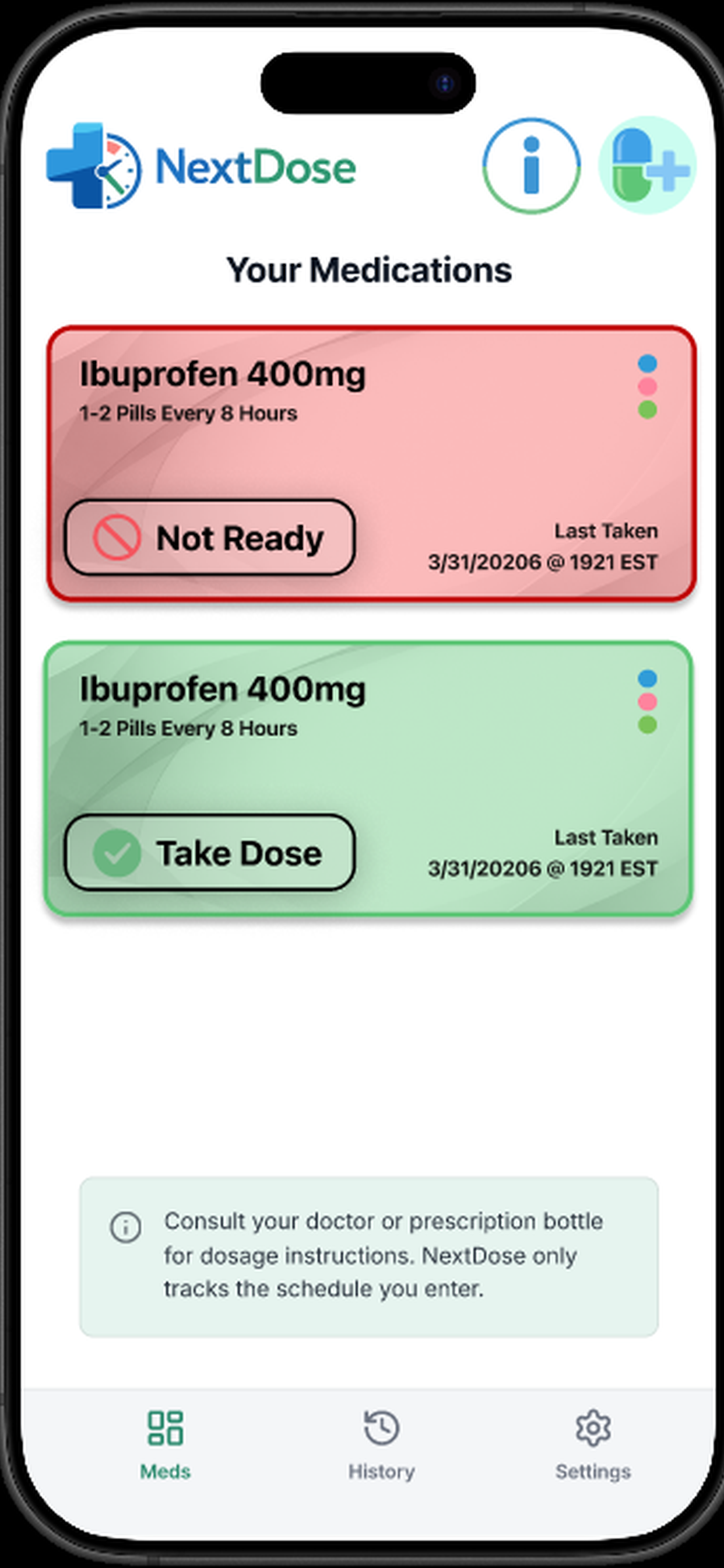 NextDose home screen